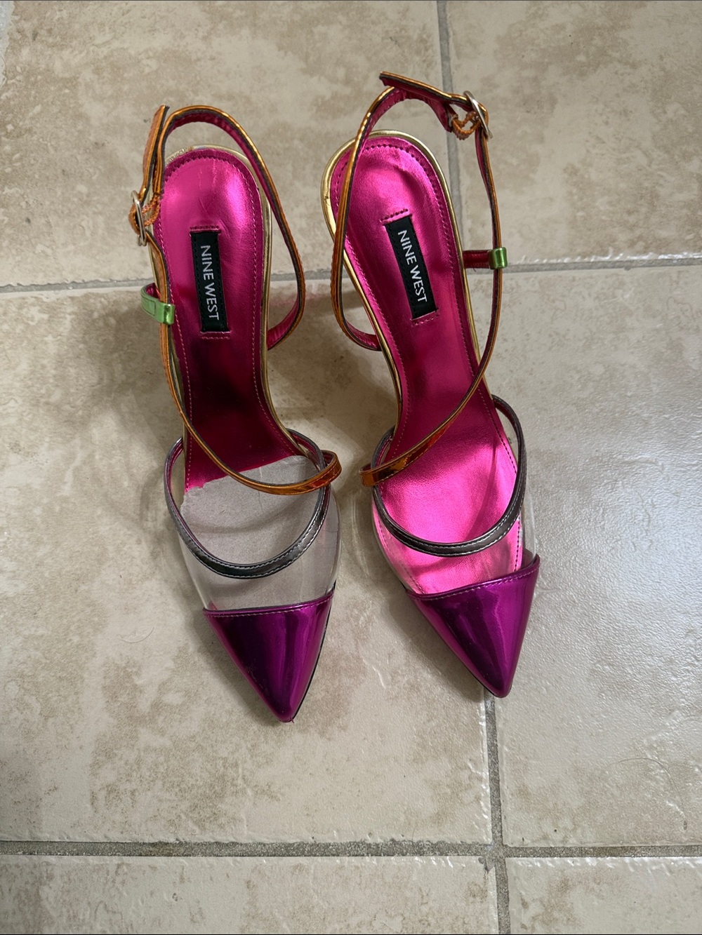 Nine West Metallic Fuchsia Pointed Slingback Heels with Clear Panel